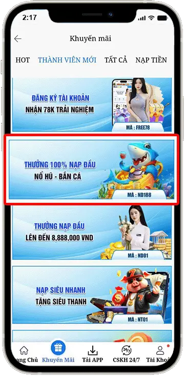 B2 : chọn vào mục " Thành viên mới  " chọn vào mã khuyến mãi " ND188 "